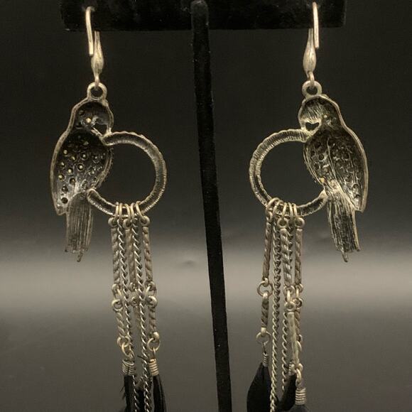 Parrot Black Feather Chandelier Dangle Statement Earrings Rhinestone Chain Link - Picture 7 of 11
